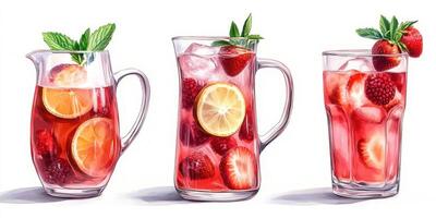 Refreshing summer drinks with strawberries, lemons, and mint served in clear glassware on a bright background photo