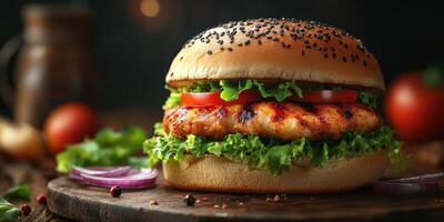 Grilled chicken burger with fresh toppings served on a rustic wooden board photo