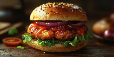 Delicious chicken burger served with fresh toppings and savory sauce on a sesame seed bun photo