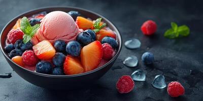 Fresh fruit salad with ice cream served in a black bowl on a dark countertop photo