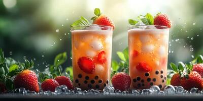 Refreshing strawberry bubble tea served in clear glasses surrounded by fresh strawberries in a lush outdoor setting photo