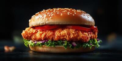 Crispy chicken sandwich with fresh lettuce and tomatoes on a sesame seed bun served in a dark setting photo