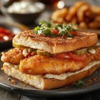 Delicious fried fish sandwich with fresh toppings served on toasted bread at a casual dining setting photo