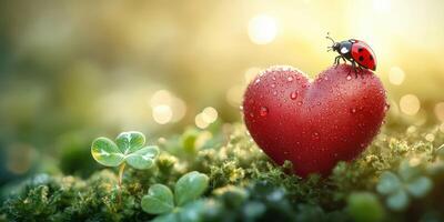 Ladybug rests on a vibrant red heart surrounded by dew and greenery in a sunlit setting photo