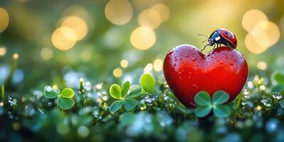 Ladybug on a red heart amidst clovers in a dewy garden during golden hour photo