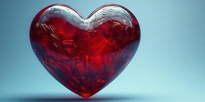 Red heart shape made of transparent material glows softly against a light blue background in a visually striking display of emotion photo