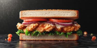 Crispy fried chicken sandwich served with fresh vegetables on white bread in a minimalistic setting photo