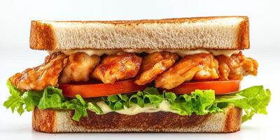 Delicious sandwich made with crispy chicken, fresh lettuce, and ripe tomatoes served on toasted bread photo