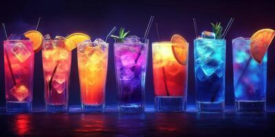 Colorful cocktails arranged in a vibrant display during an evening gathering at a bar photo