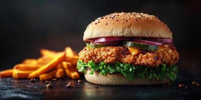 Crispy chicken burger with fresh toppings and sweet potato fries on dark background photo