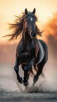 Strong black horse galloping on the sandy shore at sunset with flowing mane photo
