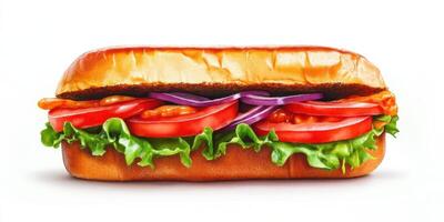 Freshly made sandwich filled with tomatoes, lettuce, and onions presented on a clean background photo
