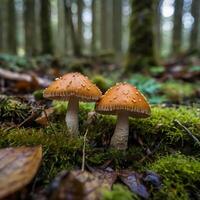 Two mushrooms are standing in the forest photo