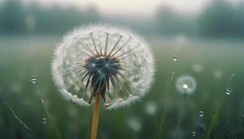 A dandelion is in the middle of a field with water droplets photo