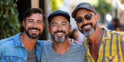 Three smiling men pose together in a sunny urban area enjoying a casual afternoon photo