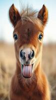 Cheerful young pony showing its playful side in a sunny pasture during golden hour photo