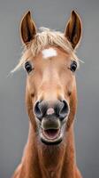 Happy horse portrait with soft mane in front of a gray backdrop during daylight hours photo