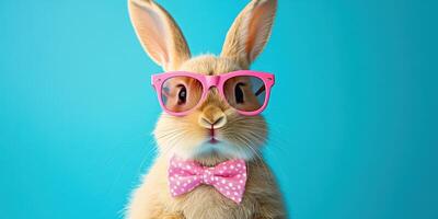 Cute rabbit wearing pink glasses and a polka dot bow tie poses against a blue background photo