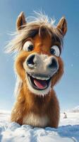 Happy cartoon horse smiling in snowy landscape during bright winter day with clear blue sky photo