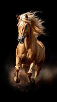 Golden horse gallops powerfully across a dark background, showcasing elegance and strength in motion during a bright moment photo