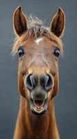 Horse with a cheerful expression against a neutral background creating a lively and engaging visual atmosphere photo