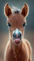 Cute foal playfully sticking out its tongue in a soft, blurred background during golden hour photo