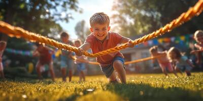 Children have fun in a tug-of-war competition on a sunny day at a backyard party in the summer photo