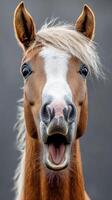 Horse with light mane displaying an expressive face in a studio setting during the day photo
