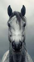 Majestic gray horse stands against a dramatic cloudy sky in a serene pasture environment photo