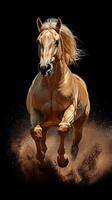 Majestic horse running on sandy ground in dynamic motion captured against a black background photo