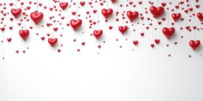 Hearts in vibrant red colors hang against a clean white backdrop, creating a heartfelt atmosphere perfect for celebrations and romantic occasions photo