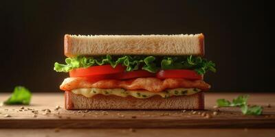 Delicious sandwich with fresh ingredients and creamy sauce ready to be enjoyed on wooden table photo