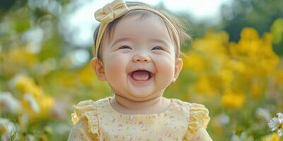 Joyful baby smiling in colorful flower field during sunny day photo
