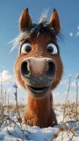 Happy horse enjoying a snowy day in a field under clear blue skies photo
