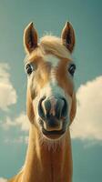 Majestic horse gazes into the distance under a bright blue sky with fluffy clouds during midday photo