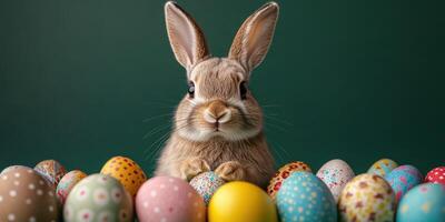 Cute bunny surrounded by colorful Easter eggs in a festive setup for spring celebrations photo