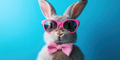 Cute rabbit wearing pink sunglasses and a polka dot bow tie poses against a bright blue background in a playful manner photo