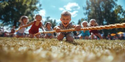 Children engaged in a fun outdoor tug-of-war game during a summer festival in a sunny park setting photo