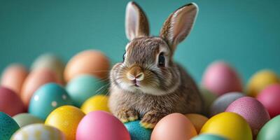 Cute bunny surrounded by colorful Easter eggs in a festive setting during springtime celebration photo
