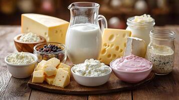 Fresh Milk and cheese platter with hard and soft cheese on wooden table photo
