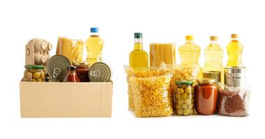 Foodstuffs in donation box isolated on white background with clipping path for volunteer to photo