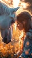 Girl interacts gently with a white horse during sunset in a flower-filled meadow photo