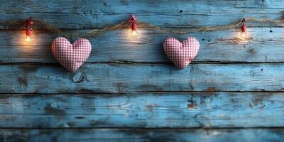 Decorative hearts hanging on twine with warm lights against a rustic blue wooden background photo