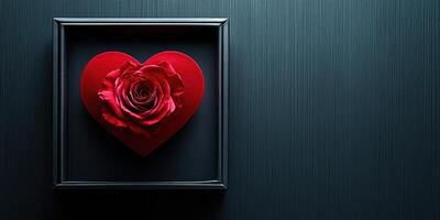 Elegantly framed red rose in heart shape on dark textured background for romantic occasions photo