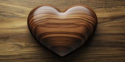 Wooden heart sculpture resting on a wooden surface with a natural grain pattern in a warm and inviting setting photo