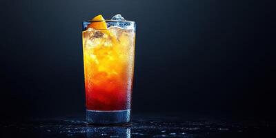 Refreshing cocktail with vibrant colors served in a tall glass on a dark background photo