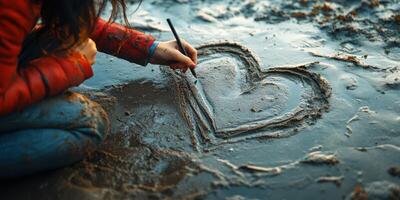 Child draws a heart shape in wet sand beside a tranquil lake during sunset in autumn photo