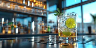 Refreshing drink with lime and ice served at a stylish bar during sunset hours photo