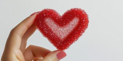 Bright red heart-shaped sponge held by a hand against a light background photo
