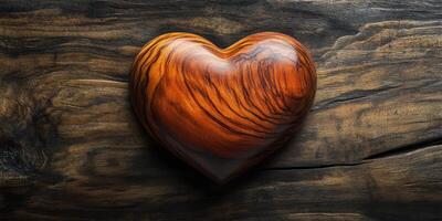 Heart-shaped wooden sculpture resting on a textured wooden surface showcasing natural patterns and rich colors photo
